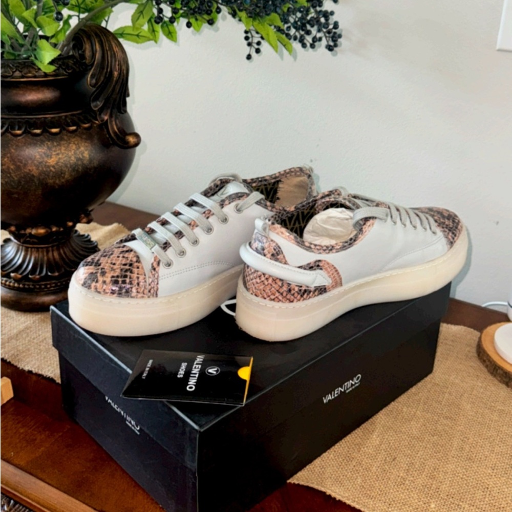 Authentic Valentino Women's Gray and Pink Snake Print Sneakers